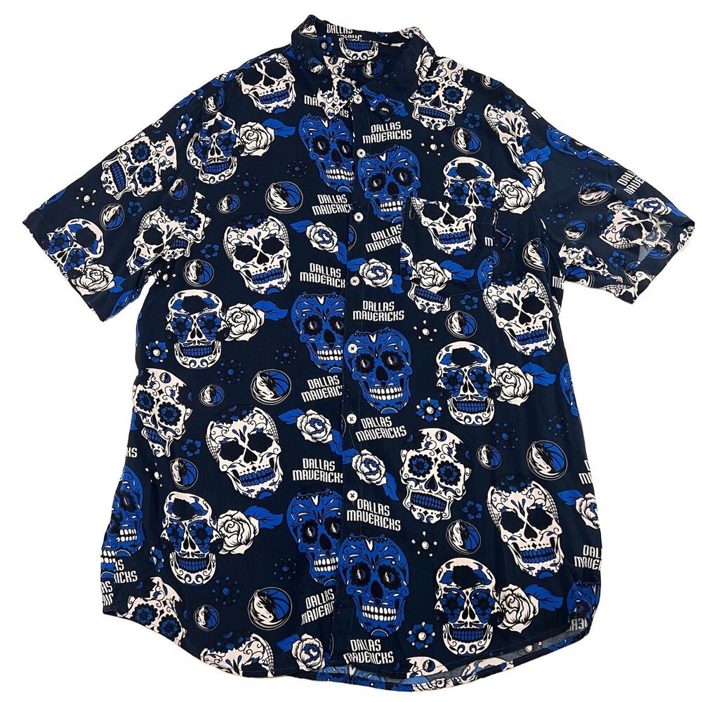 Dallas Mavericks Camp Shirt Mens Size L Blue Skull Day of The Dead Button SS NBA